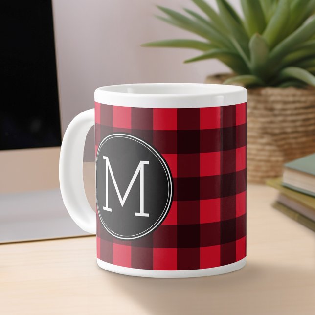 Rustic Red & Black Buffalo Plaid Pattern Monogram Giant Coffee Mug (Personalized mug)