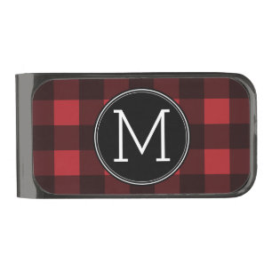 Rustic Red & Black Buffalo Plaid Pattern Monogram Gunmetal Finish Money Clip