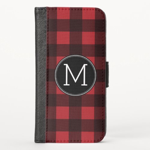 Rustic Red  Black Buffalo Plaid Pattern Monogram iPhone X Wallet Case