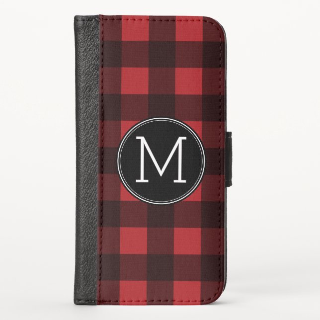 Rustic Red & Black Buffalo Plaid Pattern Monogram iPhone Wallet Case (Front)