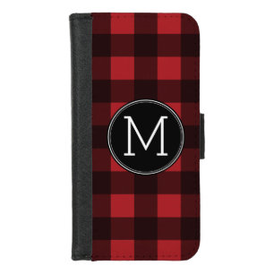 Rustic Red & Black Buffalo Plaid Pattern Monogram iPhone 8/7 Wallet Case