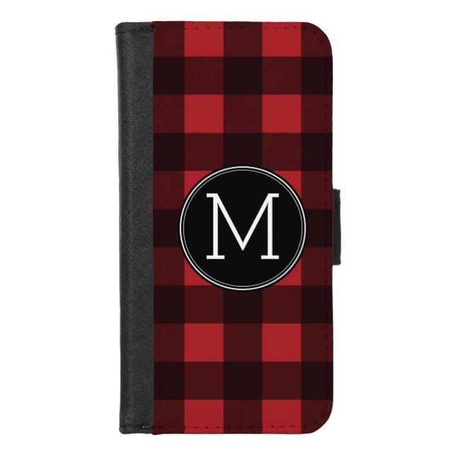 Rustic Red & Black Buffalo Plaid Pattern Monogram iPhone Wallet Case (Front)