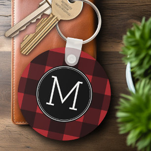 Rustic Red & Black Buffalo Plaid Pattern Monogram Keychain