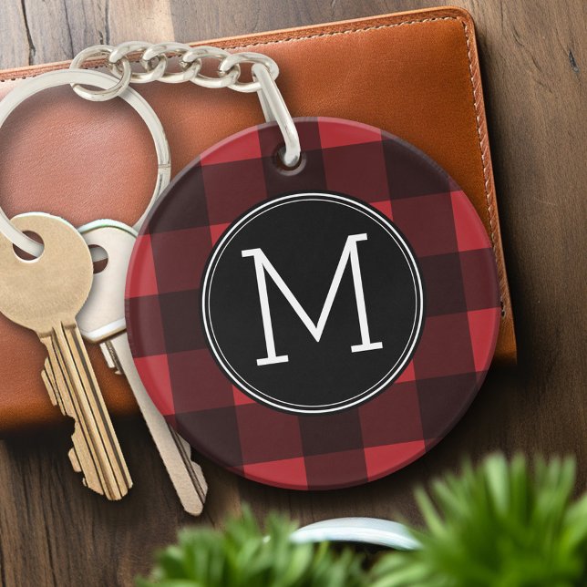 Rustic Red & Black Buffalo Plaid Pattern Monogram Keychain (Personalized Keychain - red and black with monogram)