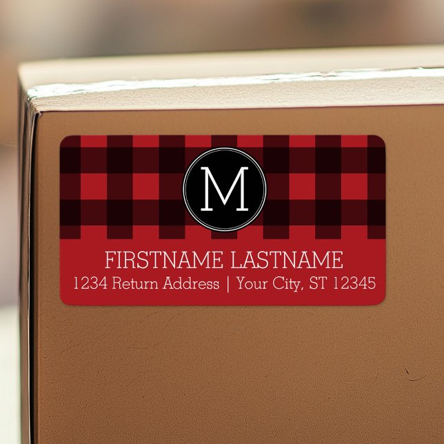 Rustic Red Black Buffalo Plaid Pattern Monogram Label (Personalized return address label)