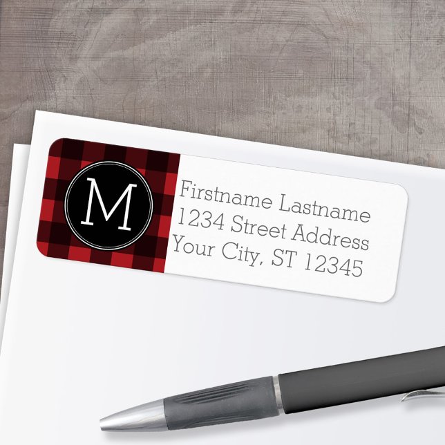 Rustic Red Black Buffalo Plaid Pattern Monogram Label (Custom Return Address Labels - Low Minimum)