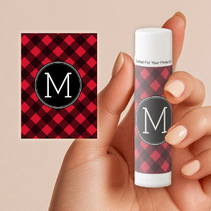 Rustic Red & Black Buffalo Plaid Pattern Monogram Lip Balm
