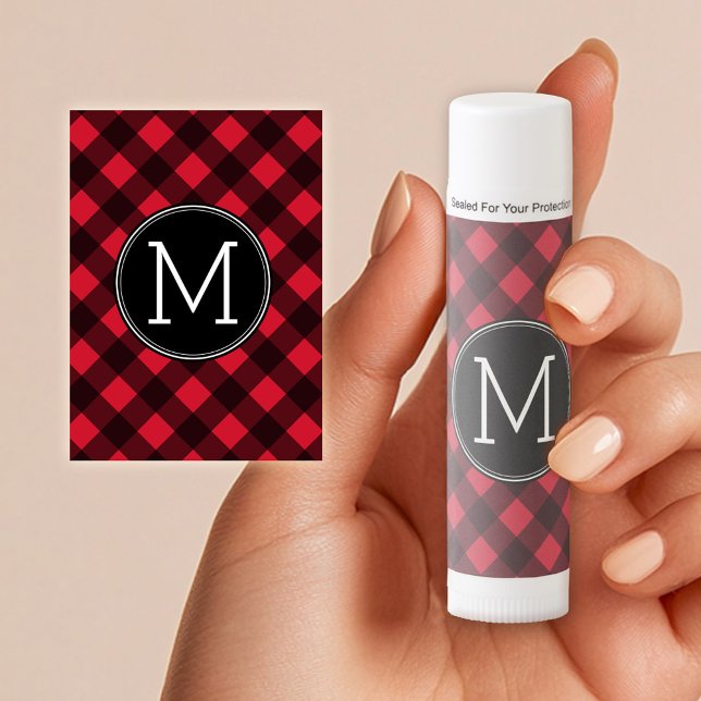 Rustic Red & Black Buffalo Plaid Pattern Monogram Lip Balm (Lip Balm with Monogram and buffalo check)