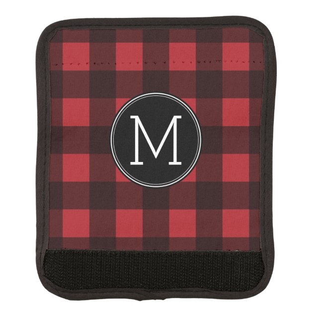 Rustic Red & Black Buffalo Plaid Pattern Monogram Luggage Handle Wrap (Front)