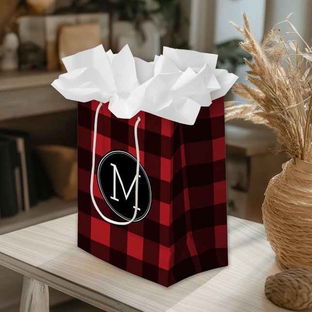 Rustic Red & Black Buffalo Plaid Pattern Monogram Medium Gift Bag (Custom Gift Bag)
