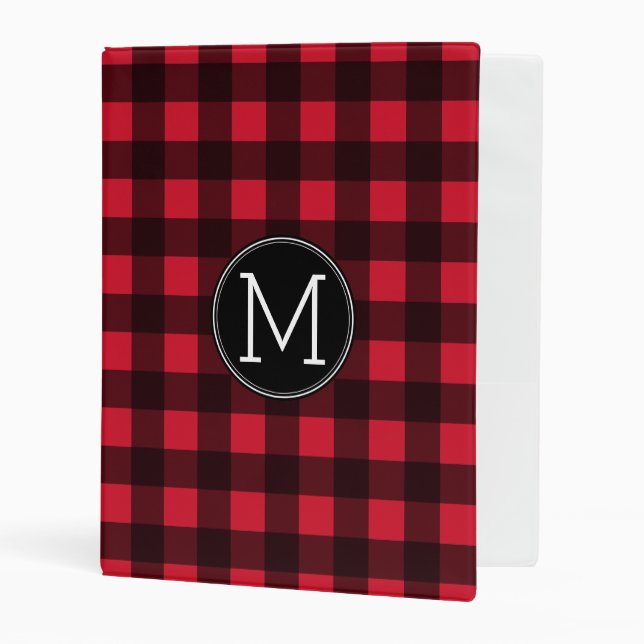 Rustic Red & Black Buffalo Plaid Pattern Monogram Mini Binder (Front/Inside)