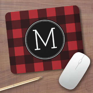 Rustic Red & Black Buffalo Plaid Pattern Monogram Mouse Pad