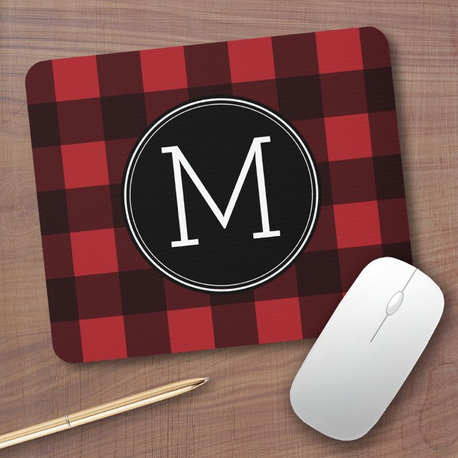 Rustic Red & Black Buffalo Plaid Pattern Monogram Mouse Pad (Personalized mousepad - Add Photos and Custom Text)