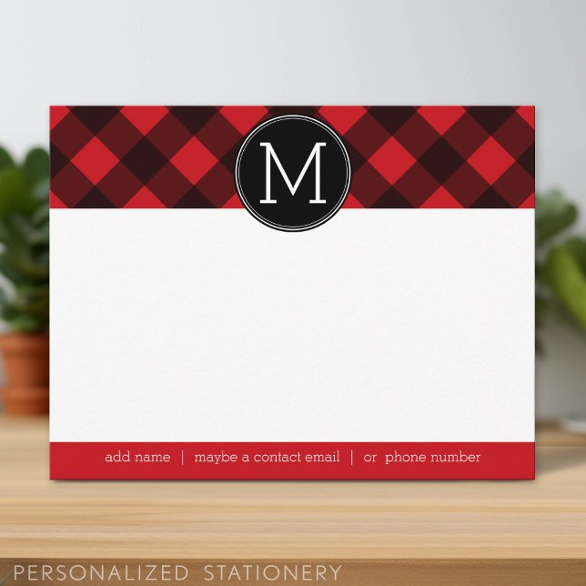 Rustic Red Black Buffalo Plaid Pattern Monogram Note Card (Personalized Stationery)