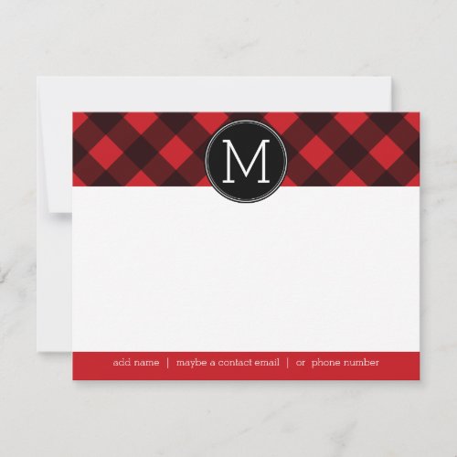 Rustic Red Black Buffalo Plaid Pattern Monogram Note Card