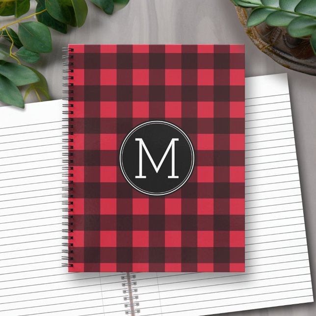 Rustic Red & Black Buffalo Plaid Pattern Monogram Notebook (Personalized Notebook - Red and Black Buffalo Plaid with Monogram)