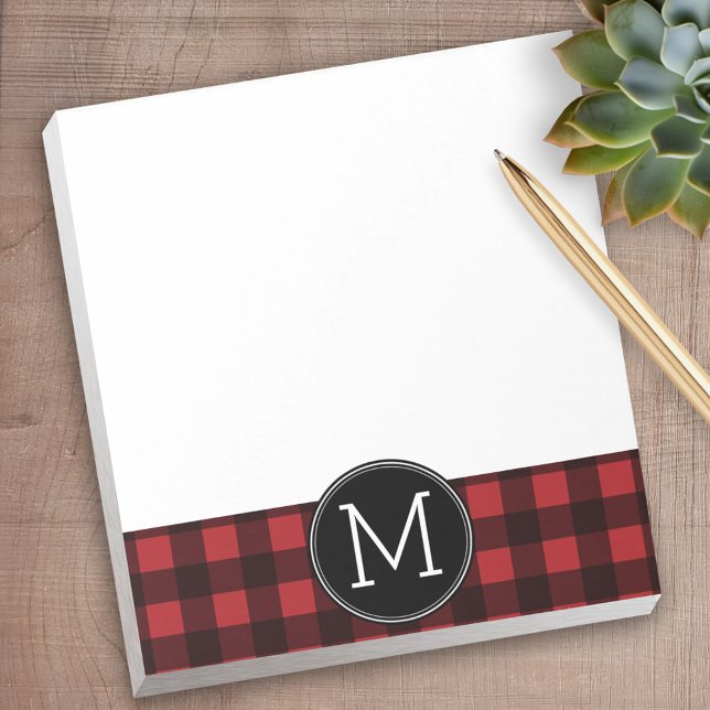 Rustic Red Black Buffalo Plaid Pattern Monogram Notepad (Personalized Notepad)