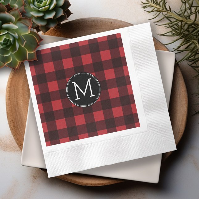 Rustic Red & Black Buffalo Plaid Pattern Monogram Paper Napkins (Personalized cocktail and dinner napkins)