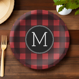 Rustic Red Black Buffalo Plaid Pattern Monogram Paper Plates