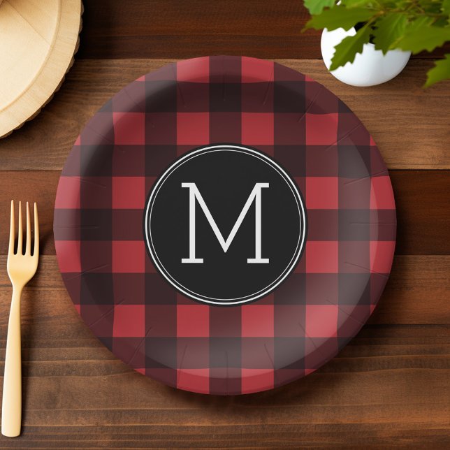 Rustic Red Black Buffalo Plaid Pattern Monogram Paper Plates (Custom Party Plates)