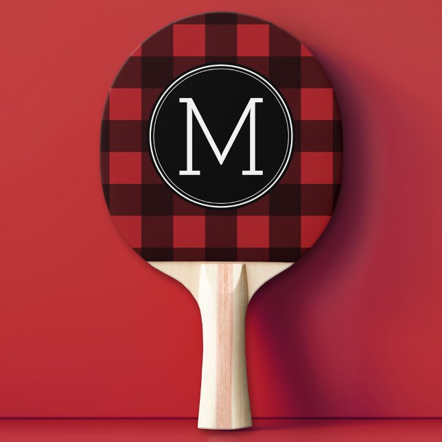 Rustic Red & Black Buffalo Plaid Pattern Monogram Ping-Pong Paddle (Custom Ping Pong Paddle)