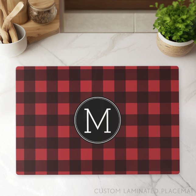 Rustic Red & Black Buffalo Plaid Pattern Monogram Placemat (Custom Laminated Placemat)