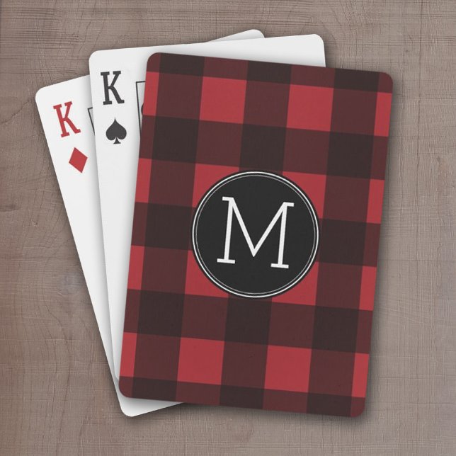 Rustic Red Black Buffalo Plaid Pattern Monogram Poker Cards (Red and Black buffalo Check with monogram - personalized playing cards)