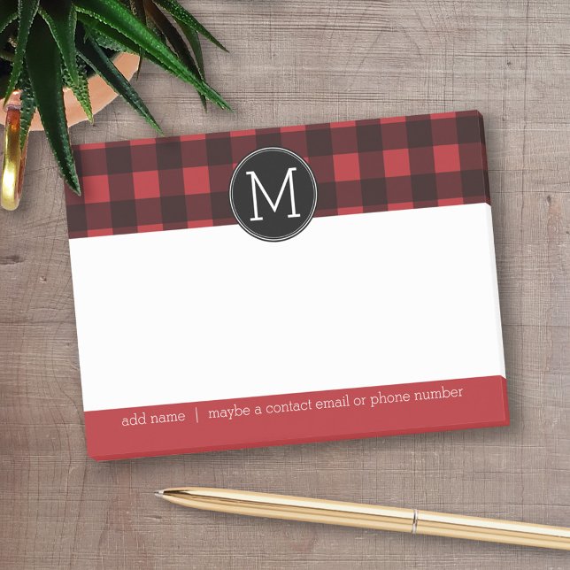Rustic Red & Black Buffalo Plaid Pattern Monogram Post-it Notes (Personalized post-it notes - add your name and other text)