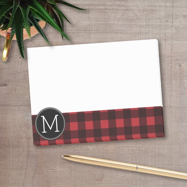 Rustic Red Black Buffalo Plaid Pattern Monogram Post-it Notes (Personalized post-it notes with a monogram - buffalo check - low quantity available)