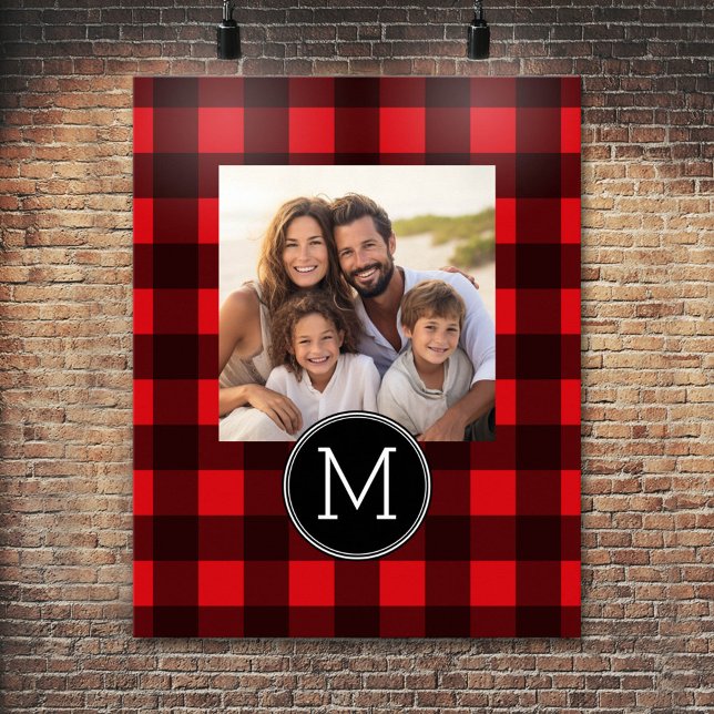 Rustic Red & Black Buffalo Plaid Pattern Monogram Poster (Personalized Poster - Add your photos and text)