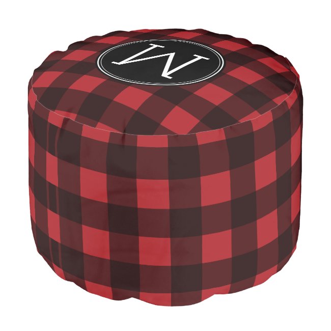 Rustic Red & Black Buffalo Plaid Pattern Monogram Pouf