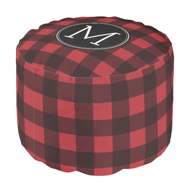 Rustic Red & Black Buffalo Plaid Pattern Monogram Pouf (Angled Back)