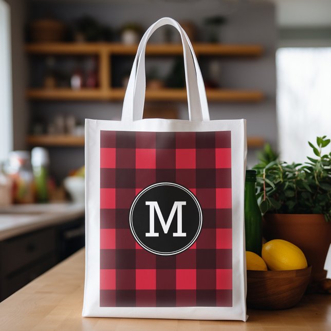 Rustic Red & Black Buffalo Plaid Pattern Monogram Reusable Grocery Bag (Personalized grocery tote with buffalo plaid pattern and monogram)