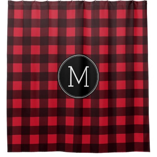 Rustic Red  Black Buffalo Plaid Pattern Monogram Shower Curtain