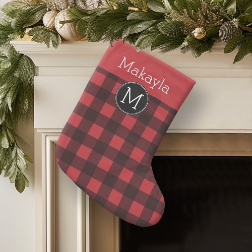 Rustic Red Black Buffalo Plaid Pattern Monogram Small Christmas Stocking