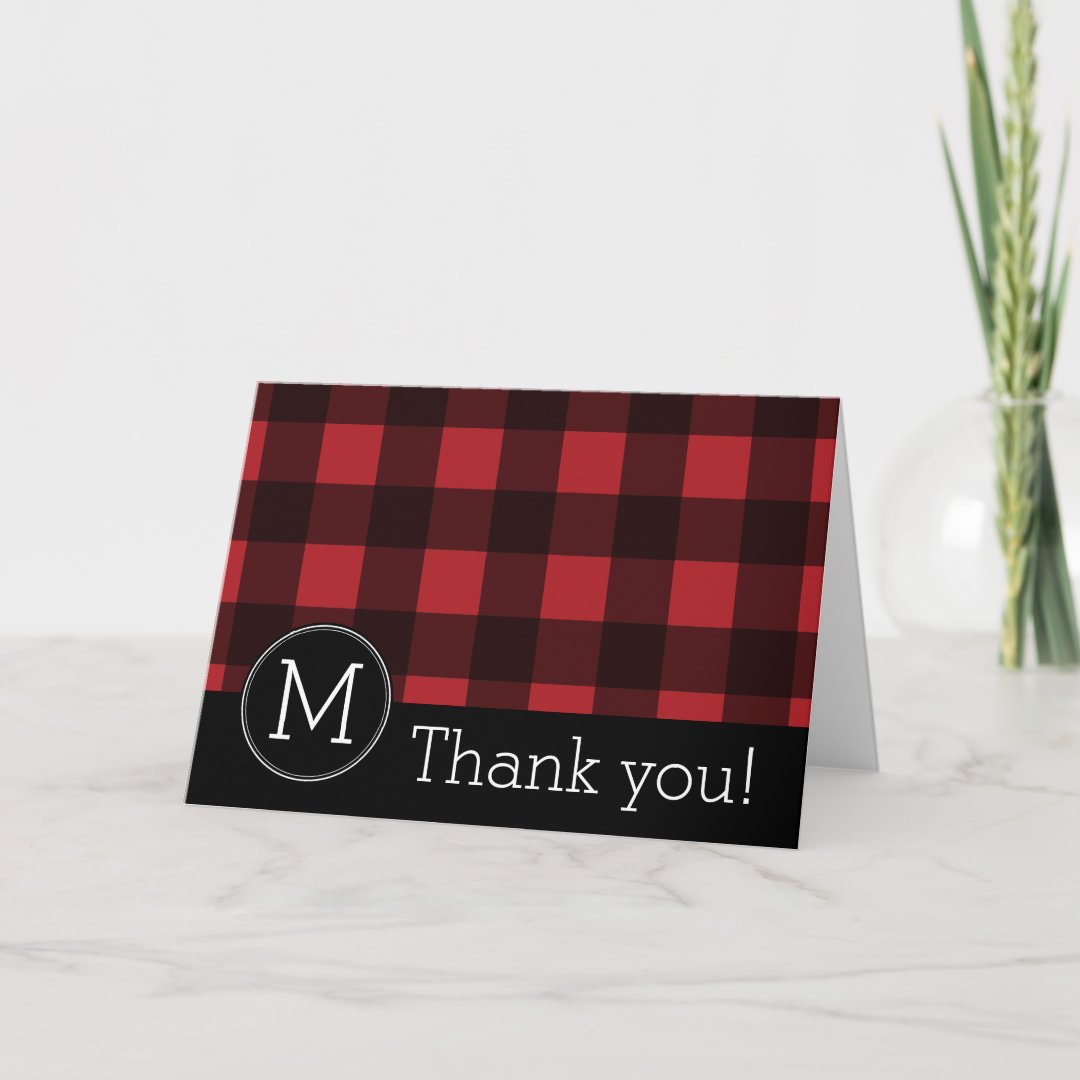 Rustic Red Black Buffalo Plaid Pattern Monogram Thank You Card | Zazzle