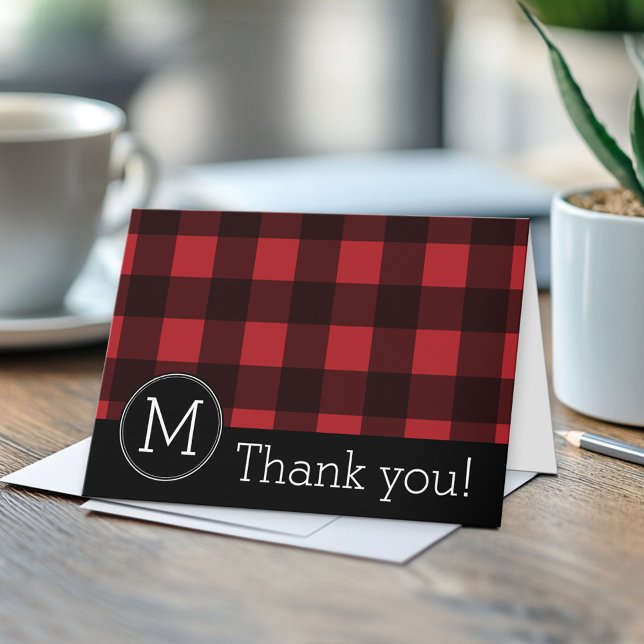 Rustic Red Black Buffalo Plaid Pattern Monogram Thank You Card (Custom Folded Greeting Card)