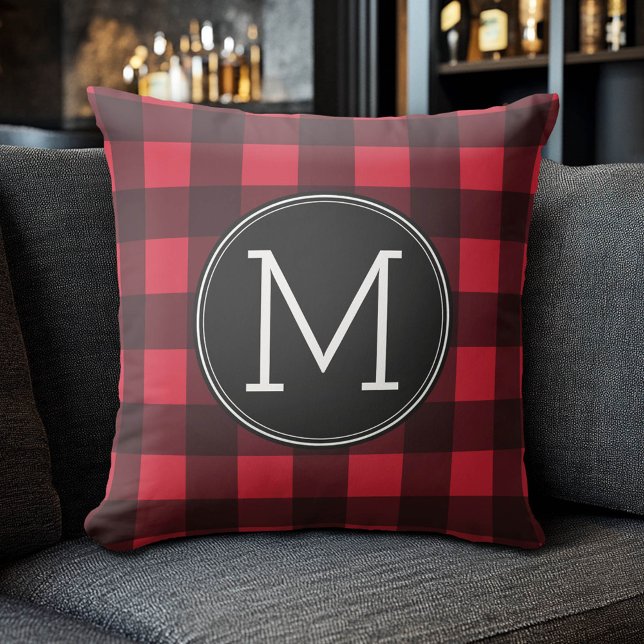 Rustic Red & Black Buffalo Plaid Pattern Monogram Throw Pillow (Custom Monogram Pillow)