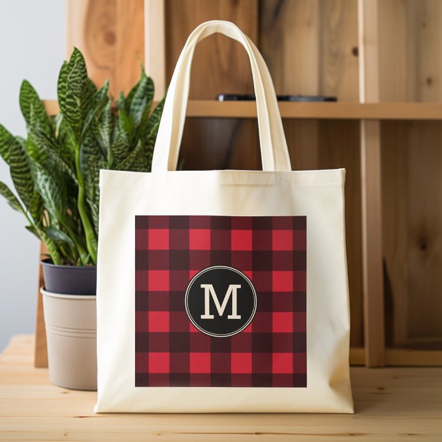 Rustic Red Black Buffalo Plaid Pattern Monogram Tote Bag (Personalized tote bag with monogram)