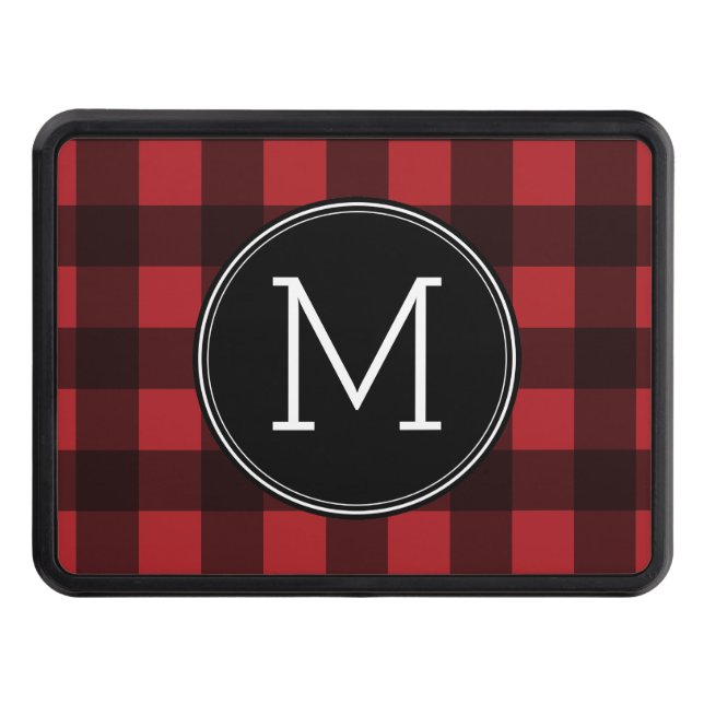 Rustic Red & Black Buffalo Plaid Pattern Monogram Tow Hitch Cover (Front)