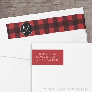 Rustic Red & Black Buffalo Plaid Pattern Monogram Wrap Around Label