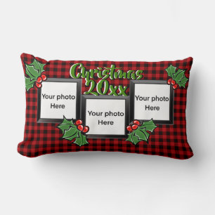 Rustic red black buffalo plaid personalize photo lumbar pillow