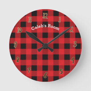 Rustic Red Black Buffalo Plaid Personalized Name Round Clock