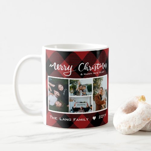 Rustic Red Black Buffalo Plaid Photo Christmas  Coffee Mug
