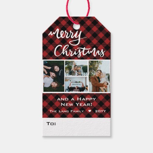 Rustic Red Black Buffalo Plaid Photo Christmas Gift Tags