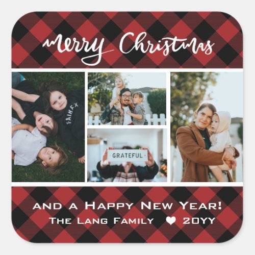 Rustic Red Black Buffalo Plaid Photo Christmas Square Sticker