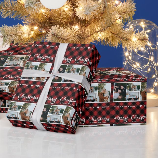 Rustic Red Black Buffalo Plaid Photo Christmas  Wrapping Paper (Holidays)
