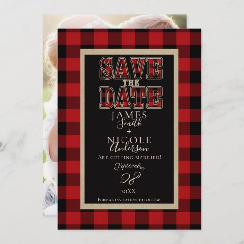 Rustic Red Black Buffalo Plaid Photo Save the Date Invitation