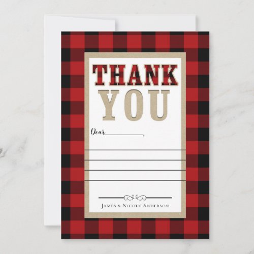 Rustic Red Black Buffalo Plaid Photo Thank You