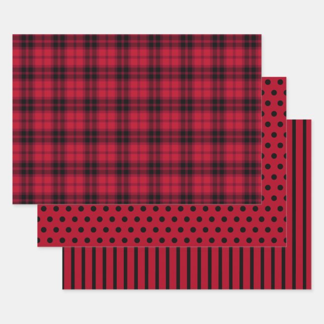Rustic Red Black Buffalo Plaid Polka Dots Stripes Wrapping Paper Sheets (Set)